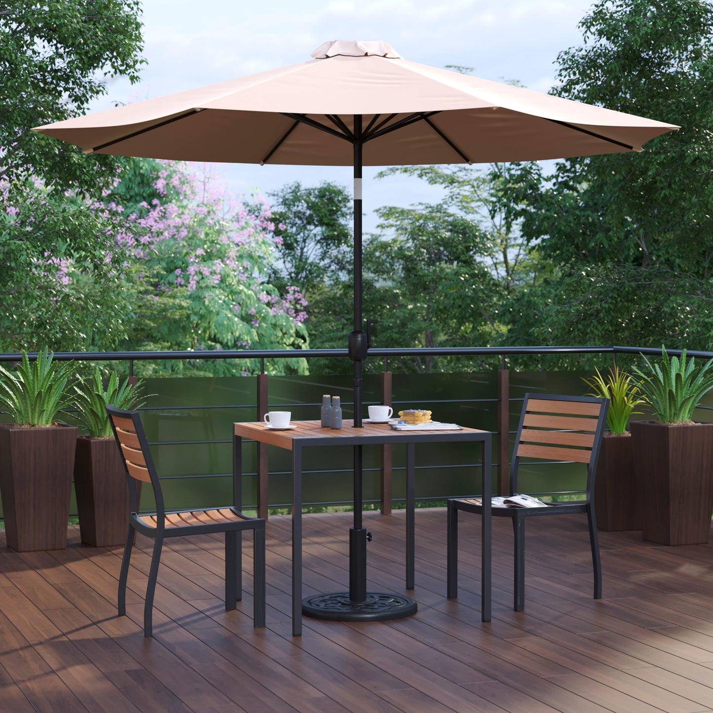 Lark 5 Piece All-Weather Deck or Patio Set - 2 Stacking Faux Teak Chairs, 35" Square Faux Teak Table, Tan Umbrella & Base Tan XU-DG-810060362-UB19BTN-GG