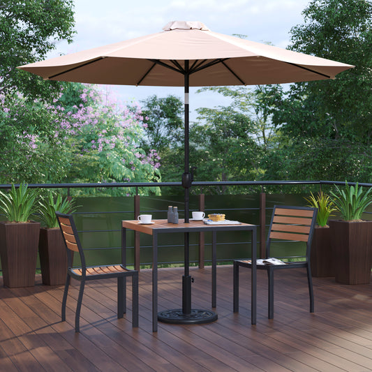Lark 5 Piece All-Weather Deck or Patio Set - 2 Stacking Faux Teak Chairs, 35" Square Faux Teak Table, Tan Umbrella & Base Tan