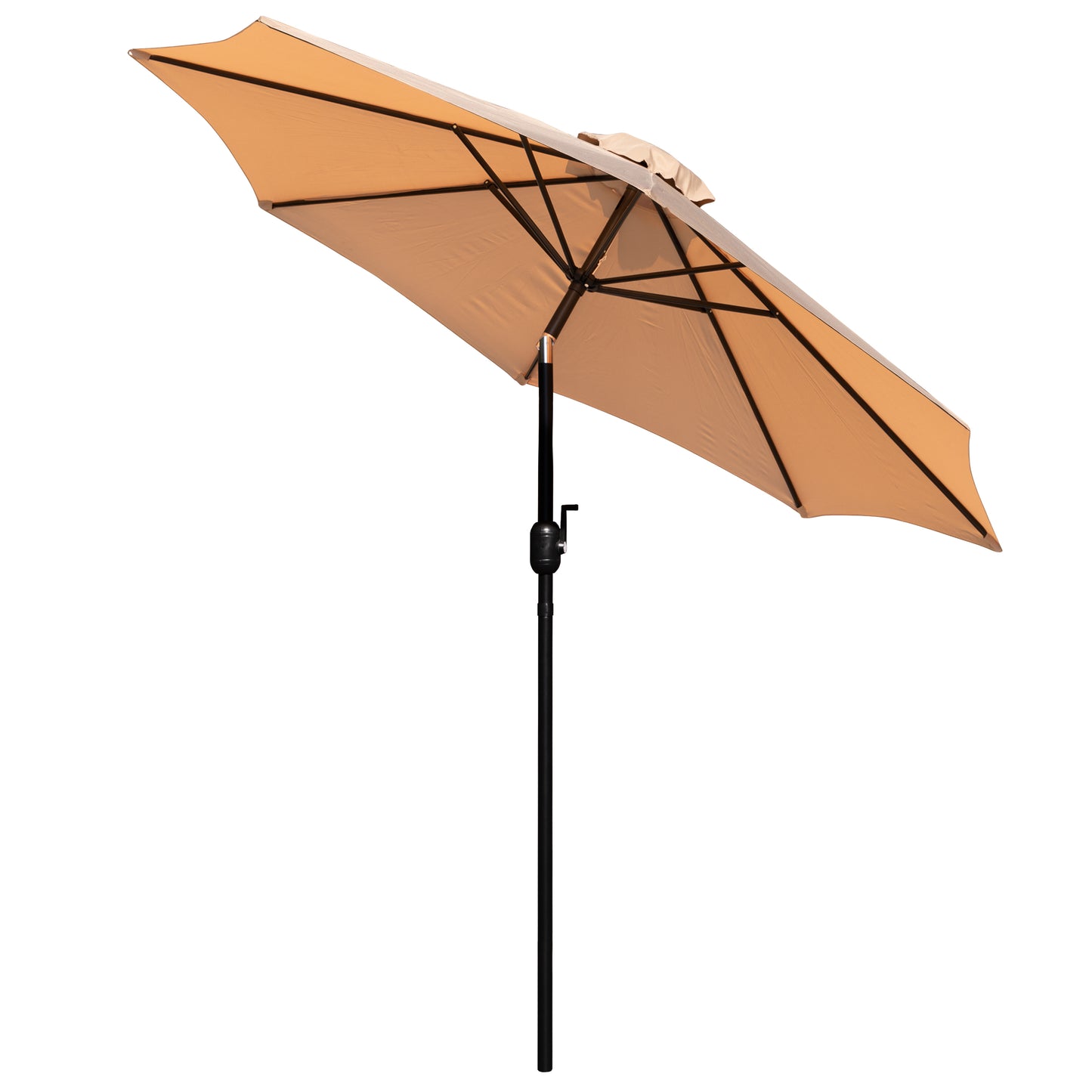 Lark 5 Piece All-Weather Deck or Patio Set - 2 Stacking Faux Teak Chairs, 35" Square Faux Teak Table, Tan Umbrella & Base Tan XU-DG-810060362-UB19BTN-GG