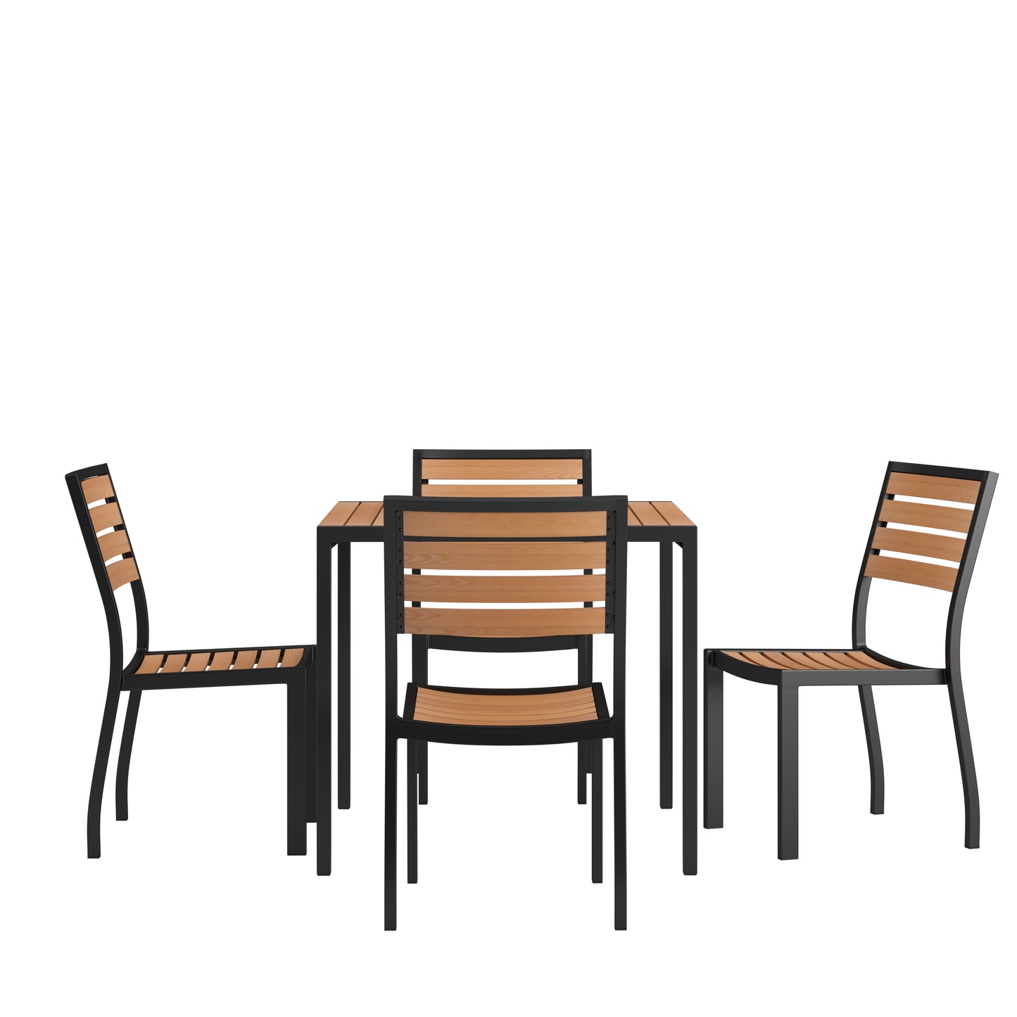 Lark 5 Piece Patio Table Set - Synthetic Teak Poly Slats - 35" Square Steel Framed Table with 4 Stackable Faux Teak Chairs Teak
