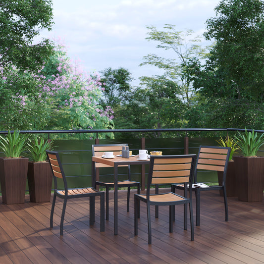 Lark 5 Piece Patio Table Set - Synthetic Teak Poly Slats - 35" Square Steel Framed Table with 4 Stackable Faux Teak Chairs Teak