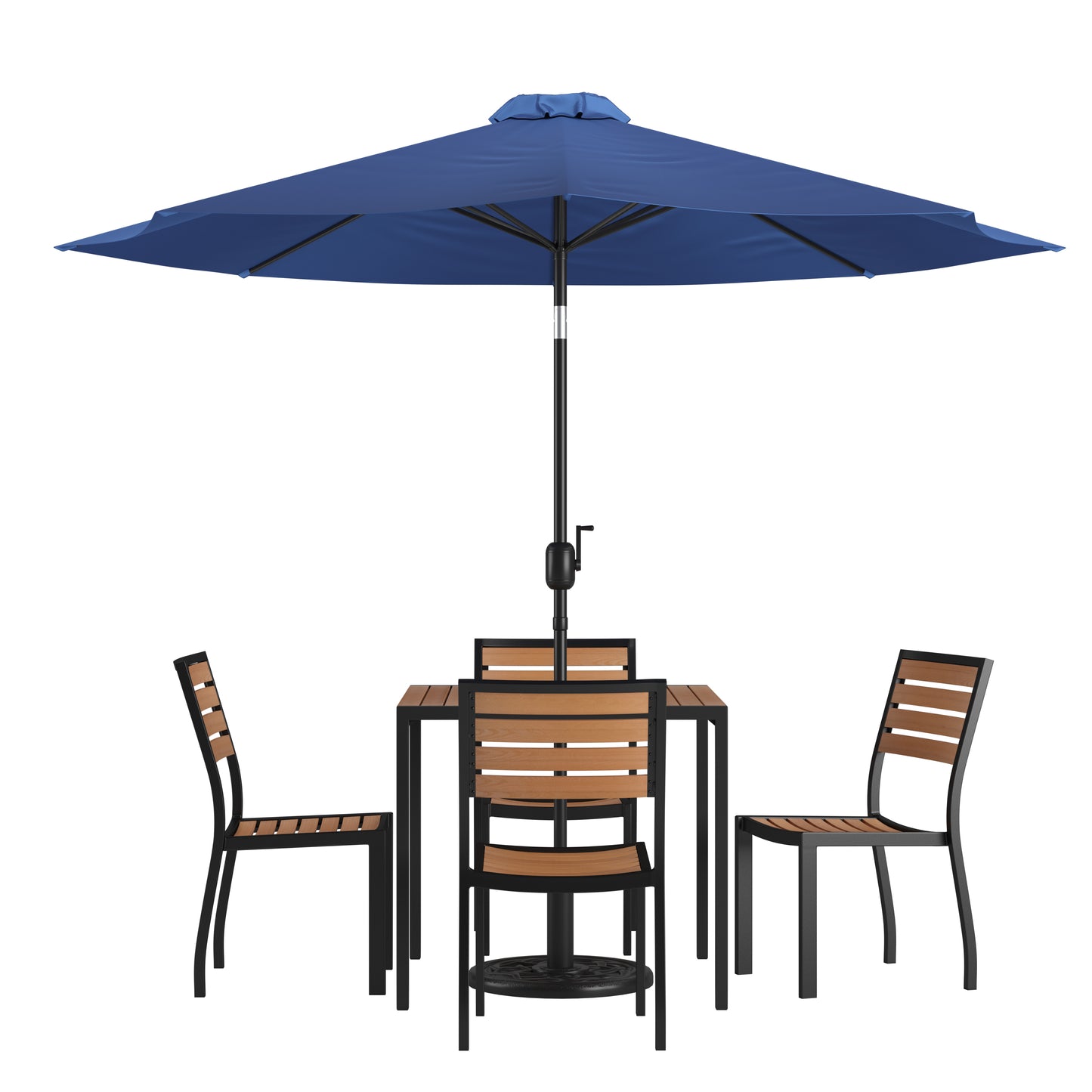 Lark 7 Piece All-Weather Deck or Patio Set-4 Stacking Faux Teak Chairs, 35" Square Faux Teak Table, Navy Umbrella & Base Navy XU-DG-810060364-UB19BNV-GG