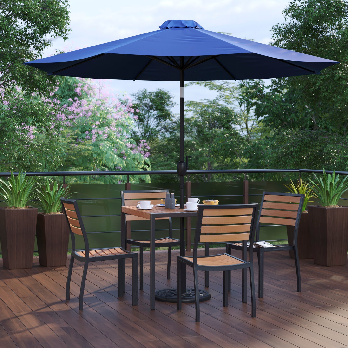 Lark 7 Piece All-Weather Deck or Patio Set-4 Stacking Faux Teak Chairs, 35" Square Faux Teak Table, Navy Umbrella & Base Navy XU-DG-810060364-UB19BNV-GG