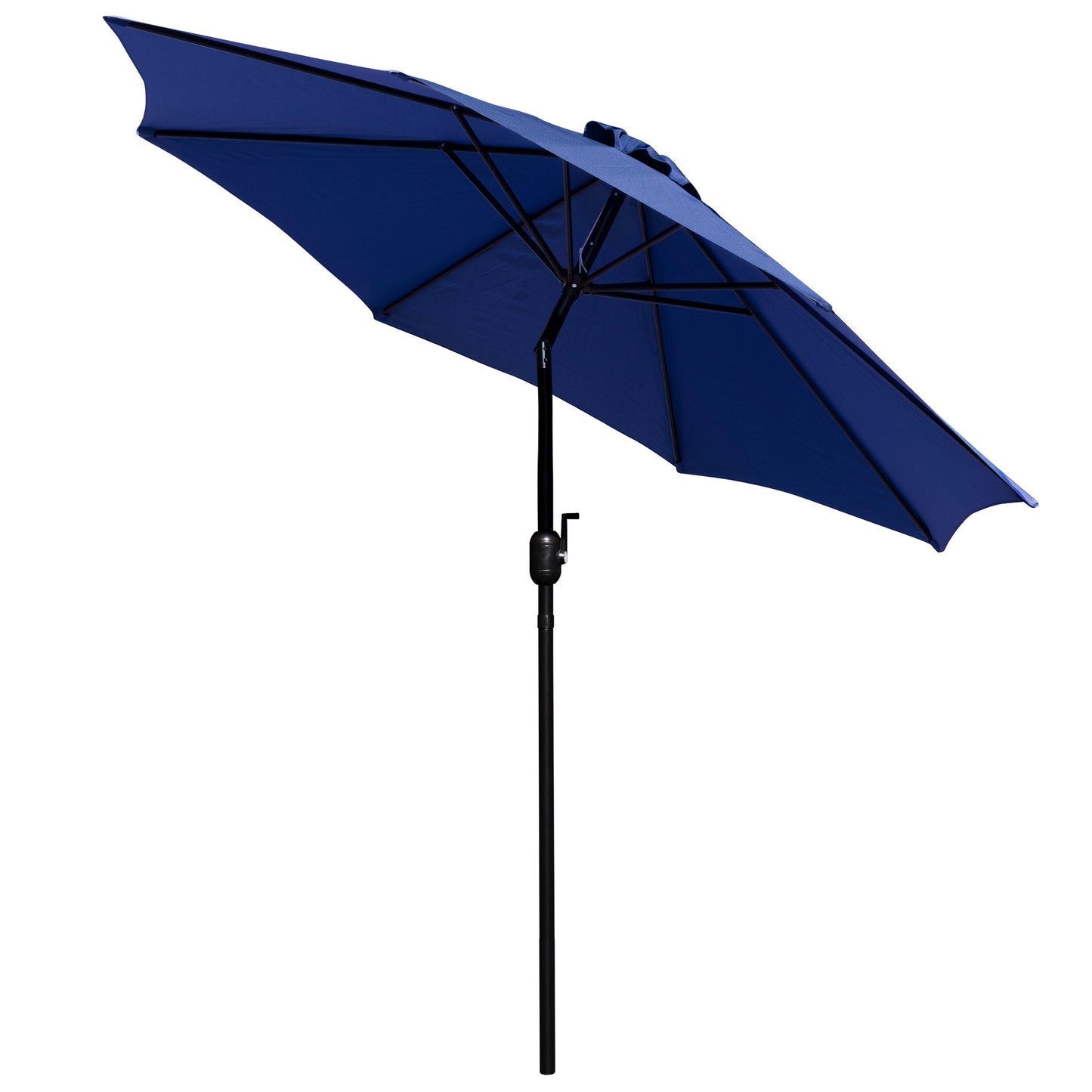 Lark 7 Piece All-Weather Deck or Patio Set-4 Stacking Faux Teak Chairs, 35" Square Faux Teak Table, Navy Umbrella & Base Navy XU-DG-810060364-UB19BNV-GG