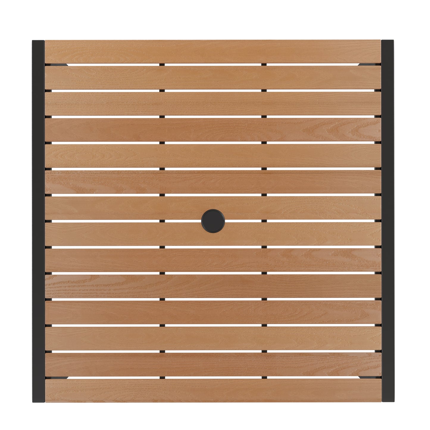 Lark 7 Piece All-Weather Deck or Patio Set-4 Stacking Faux Teak Chairs, 35" Square Faux Teak Table, Navy Umbrella & Base Navy XU-DG-810060364-UB19BNV-GG