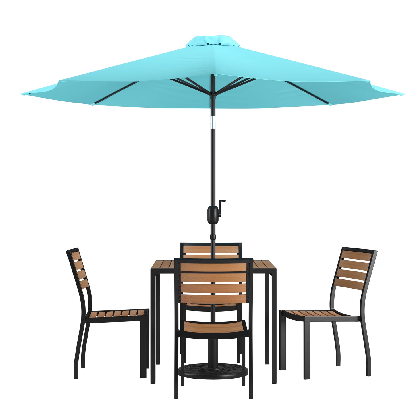Lark 7 Piece All-Weather Deck or Patio Set-4 Stacking Faux Teak Chairs, 35" Square Faux Teak Table, Teal Umbrella & Base Teal XU-DG-810060364-UB19BTL-GG