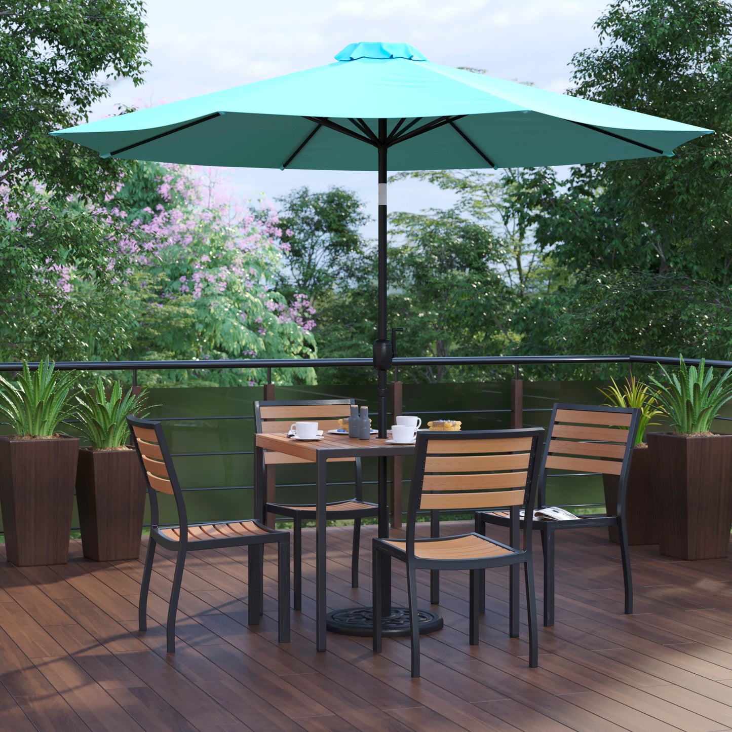 Lark 7 Piece All-Weather Deck or Patio Set-4 Stacking Faux Teak Chairs, 35" Square Faux Teak Table, Teal Umbrella & Base Teal XU-DG-810060364-UB19BTL-GG