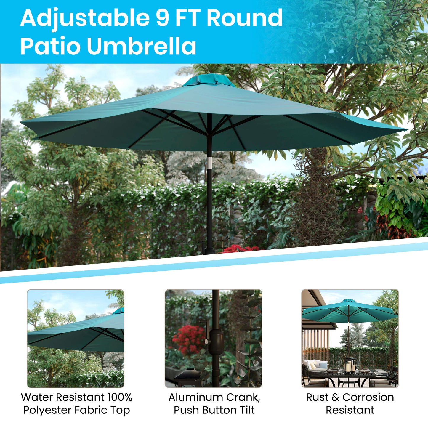 Lark 7 Piece All-Weather Deck or Patio Set-4 Stacking Faux Teak Chairs, 35" Square Faux Teak Table, Teal Umbrella & Base Teal XU-DG-810060364-UB19BTL-GG