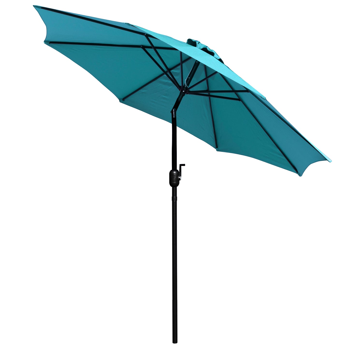 Lark 7 Piece All-Weather Deck or Patio Set-4 Stacking Faux Teak Chairs, 35" Square Faux Teak Table, Teal Umbrella & Base Teal XU-DG-810060364-UB19BTL-GG