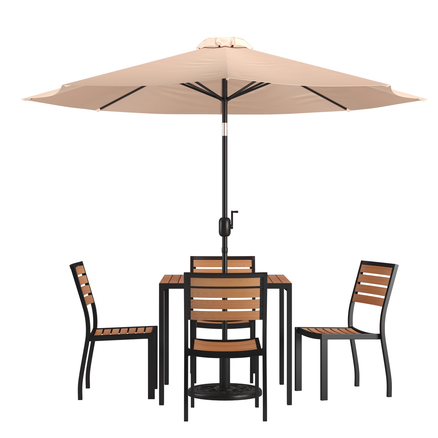 Lark 7 Piece All-Weather Deck or Patio Set - 4 Stacking Faux Teak Chairs, 35" Square Faux Teak Table, Tan Umbrella & Base Tan XU-DG-810060364-UB19BTN-GG