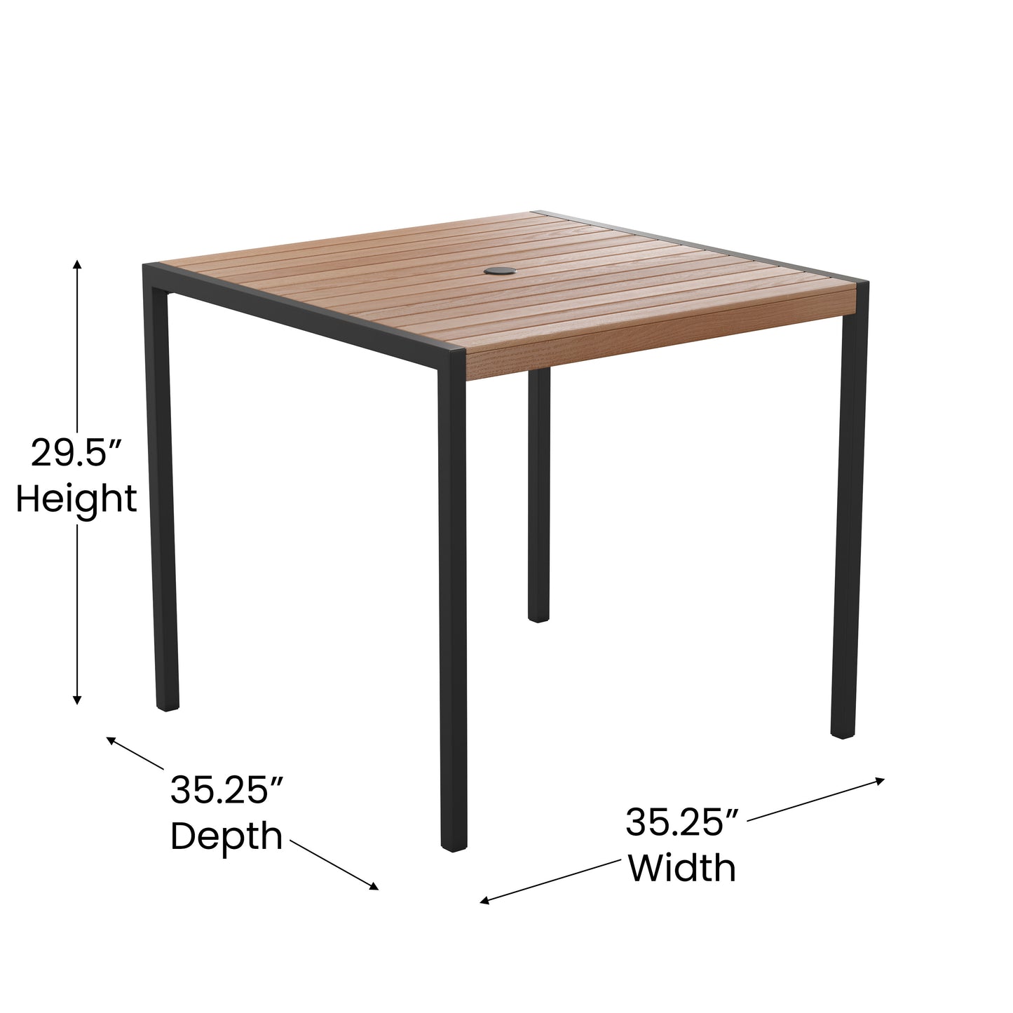 Lark 7 Piece All-Weather Deck or Patio Set - 4 Stacking Faux Teak Chairs, 35" Square Faux Teak Table, Tan Umbrella & Base Tan XU-DG-810060364-UB19BTN-GG