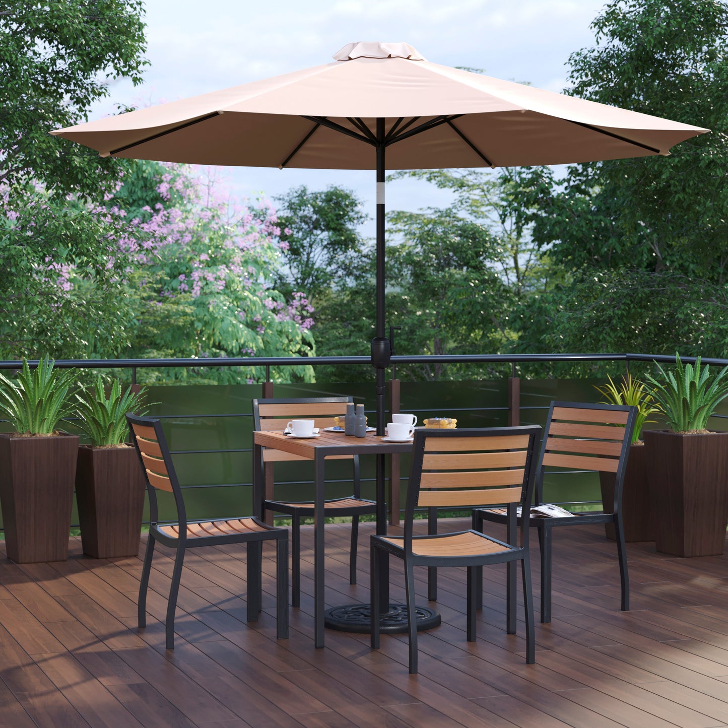 Lark 7 Piece All-Weather Deck or Patio Set - 4 Stacking Faux Teak Chairs, 35" Square Faux Teak Table, Tan Umbrella & Base Tan XU-DG-810060364-UB19BTN-GG
