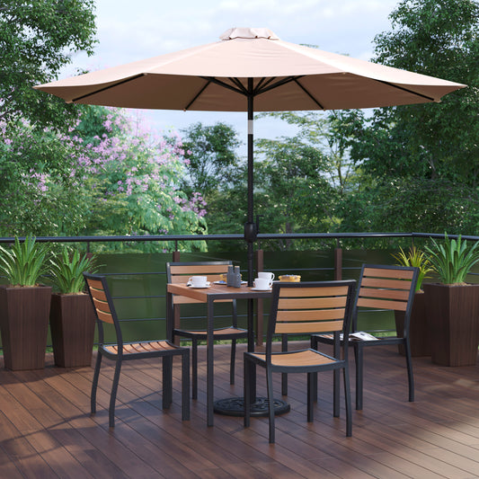 Lark 7 Piece All-Weather Deck or Patio Set - 4 Stacking Faux Teak Chairs, 35" Square Faux Teak Table, Tan Umbrella & Base Tan
