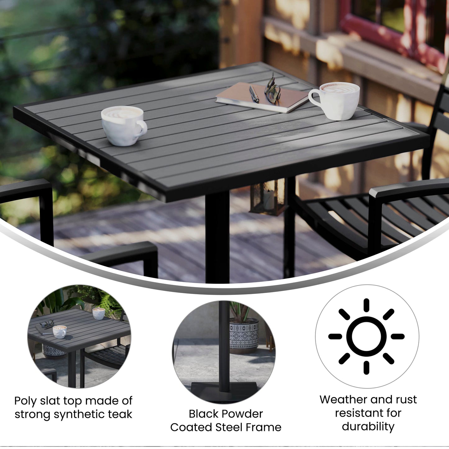 Lark Outdoor Patio Bistro Dining Table with Faux Gray Wash Teak Poly Slats, 30" Square Gray Wash Teak