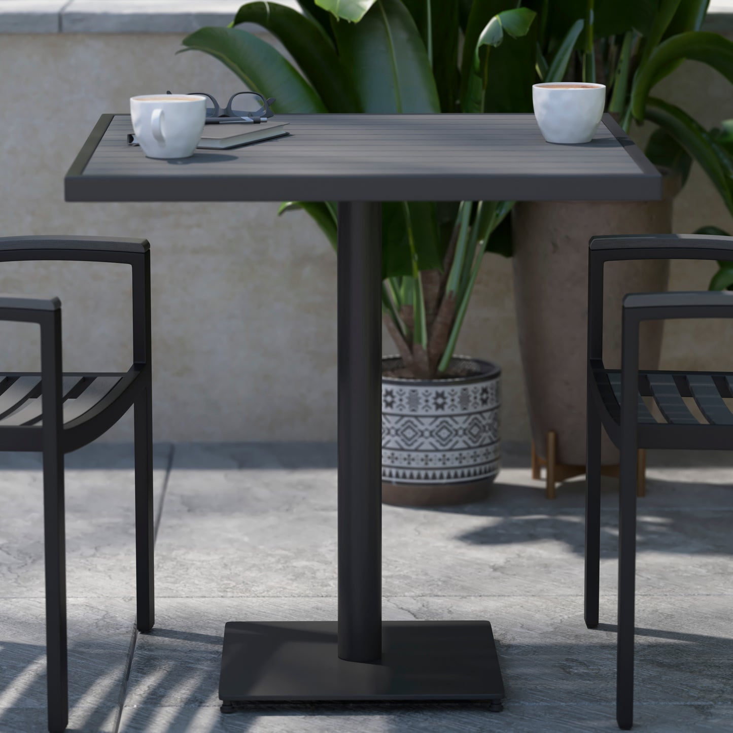 Lark Outdoor Patio Bistro Dining Table with Faux Gray Wash Teak Poly Slats, 30" Square Gray Wash Teak