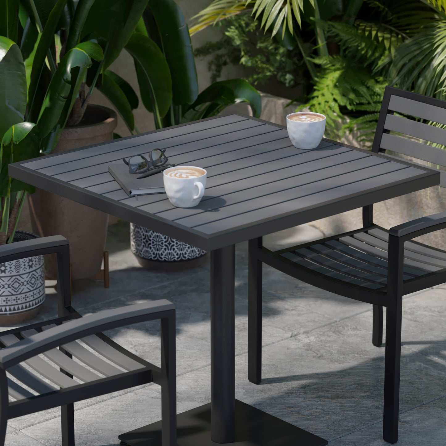 Lark Outdoor Patio Bistro Dining Table with Faux Gray Wash Teak Poly Slats, 30" Square Gray Wash Teak