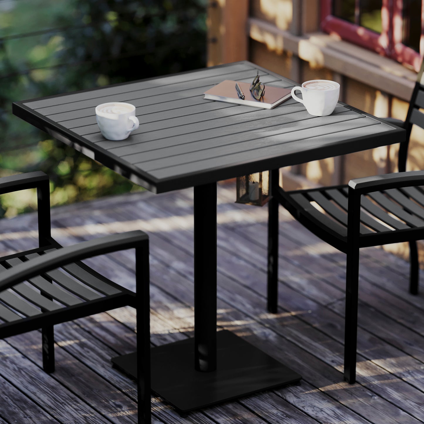 Lark Outdoor Patio Bistro Dining Table with Faux Gray Wash Teak Poly Slats, 30" Square Gray Wash Teak