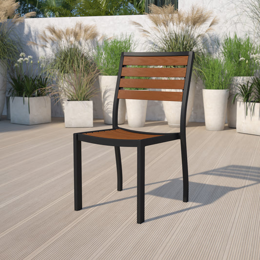 Lark Outdoor Stackable Side Chair with Faux Teak Poly Slats Teak
