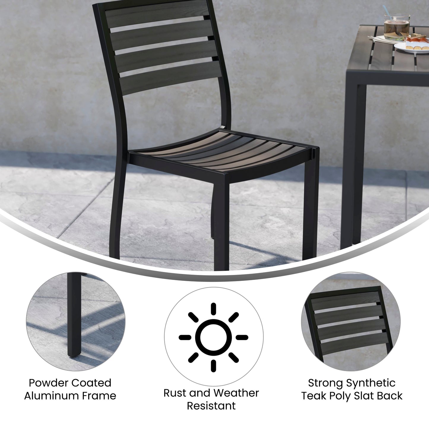 Lark Outdoor Stackable Side Chair with Faux Gray Wash Teak Poly Slats Gray Wash Teak