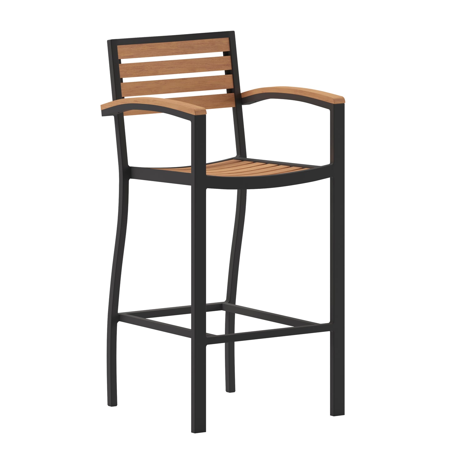 Lark Commercial Grade Bar Height Stool with Arms, All-Weather Outdoor Bar Stool with Faux Wood Poly Resin Slats and Aluminum Frame, Teak Teak