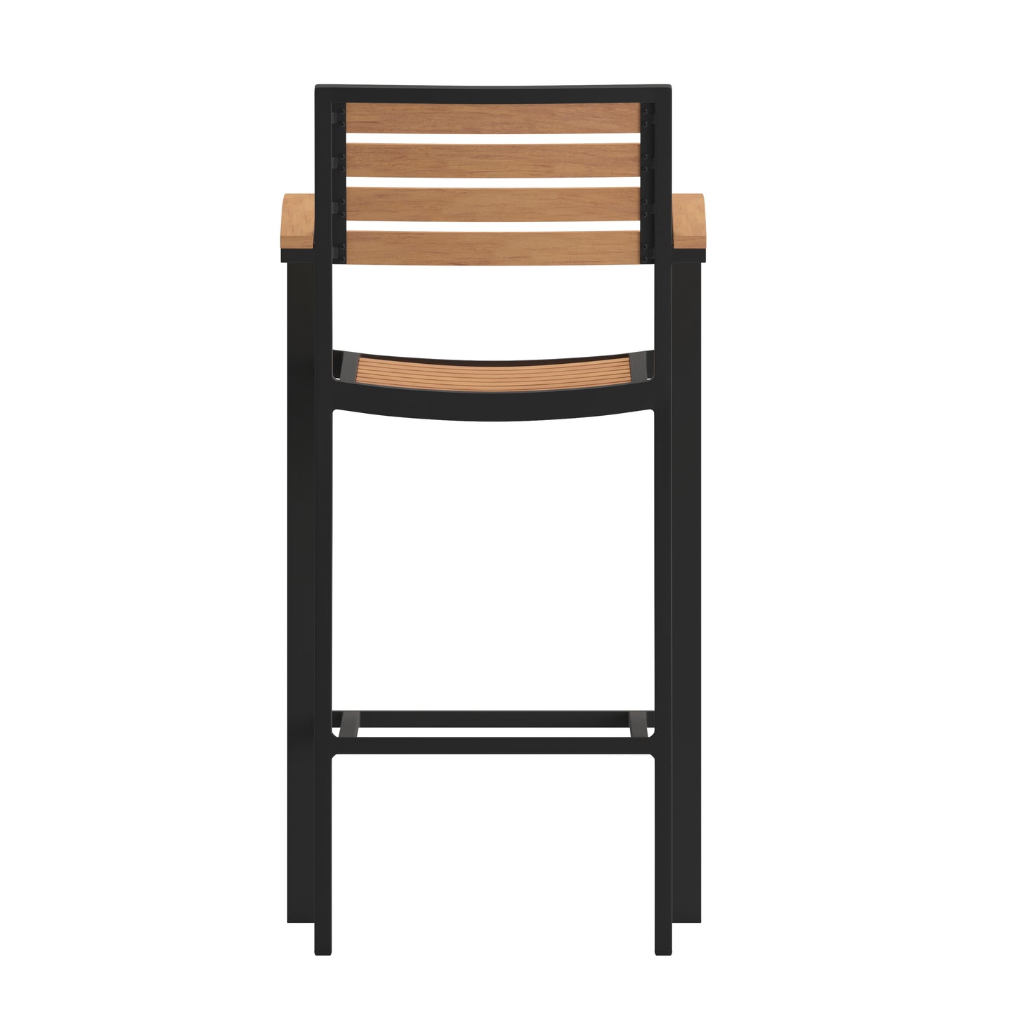 Lark Commercial Grade Bar Height Stool with Arms, All-Weather Outdoor Bar Stool with Faux Wood Poly Resin Slats and Aluminum Frame, Teak Teak