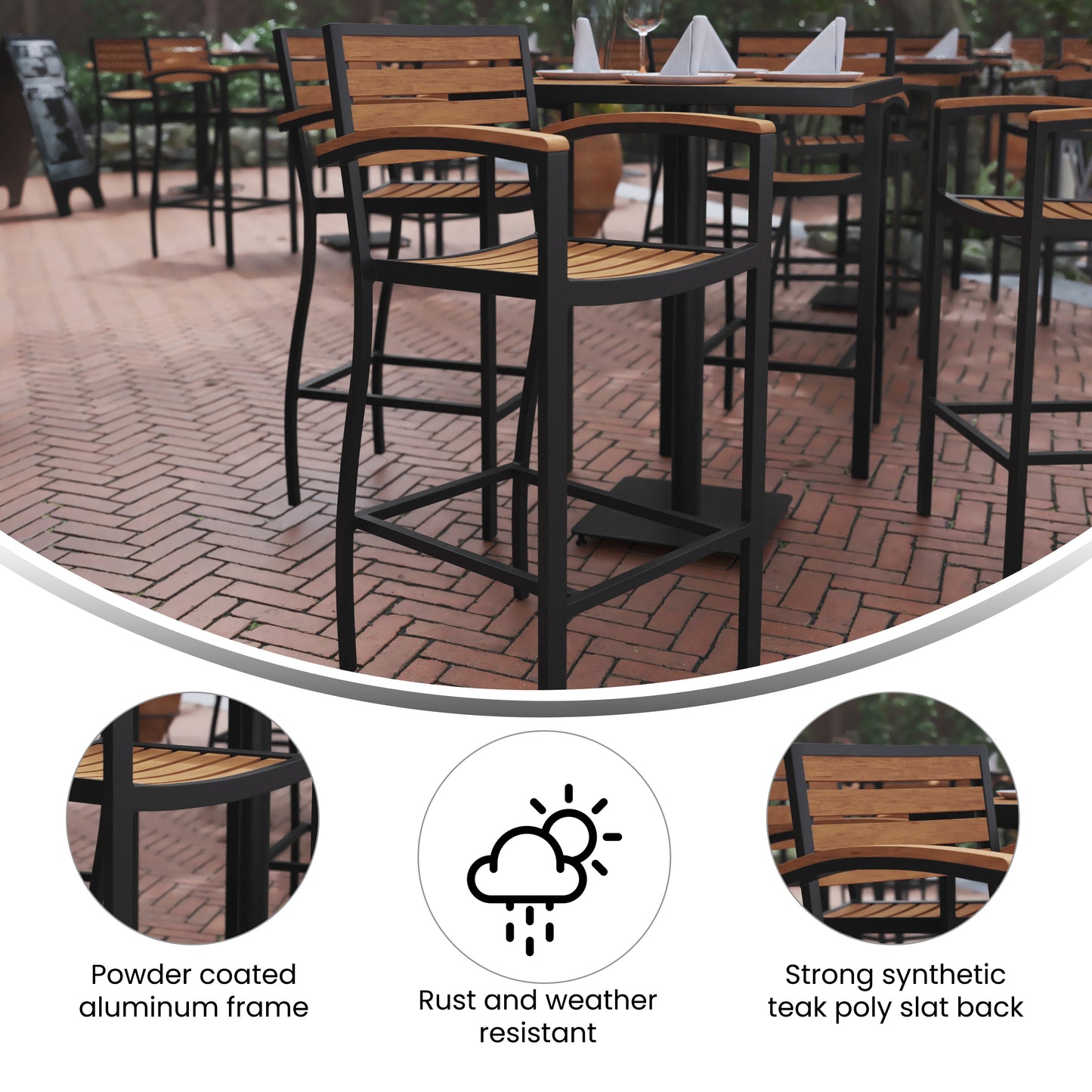 Lark Commercial Grade Bar Height Stool with Arms, All-Weather Outdoor Bar Stool with Faux Wood Poly Resin Slats and Aluminum Frame, Teak Teak