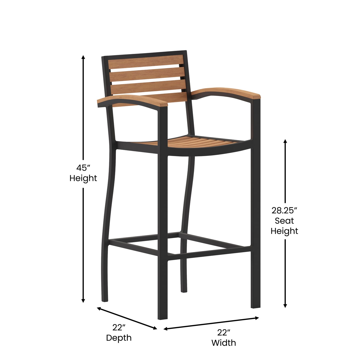 Lark Commercial Grade Bar Height Stool with Arms, All-Weather Outdoor Bar Stool with Faux Wood Poly Resin Slats and Aluminum Frame, Teak Teak