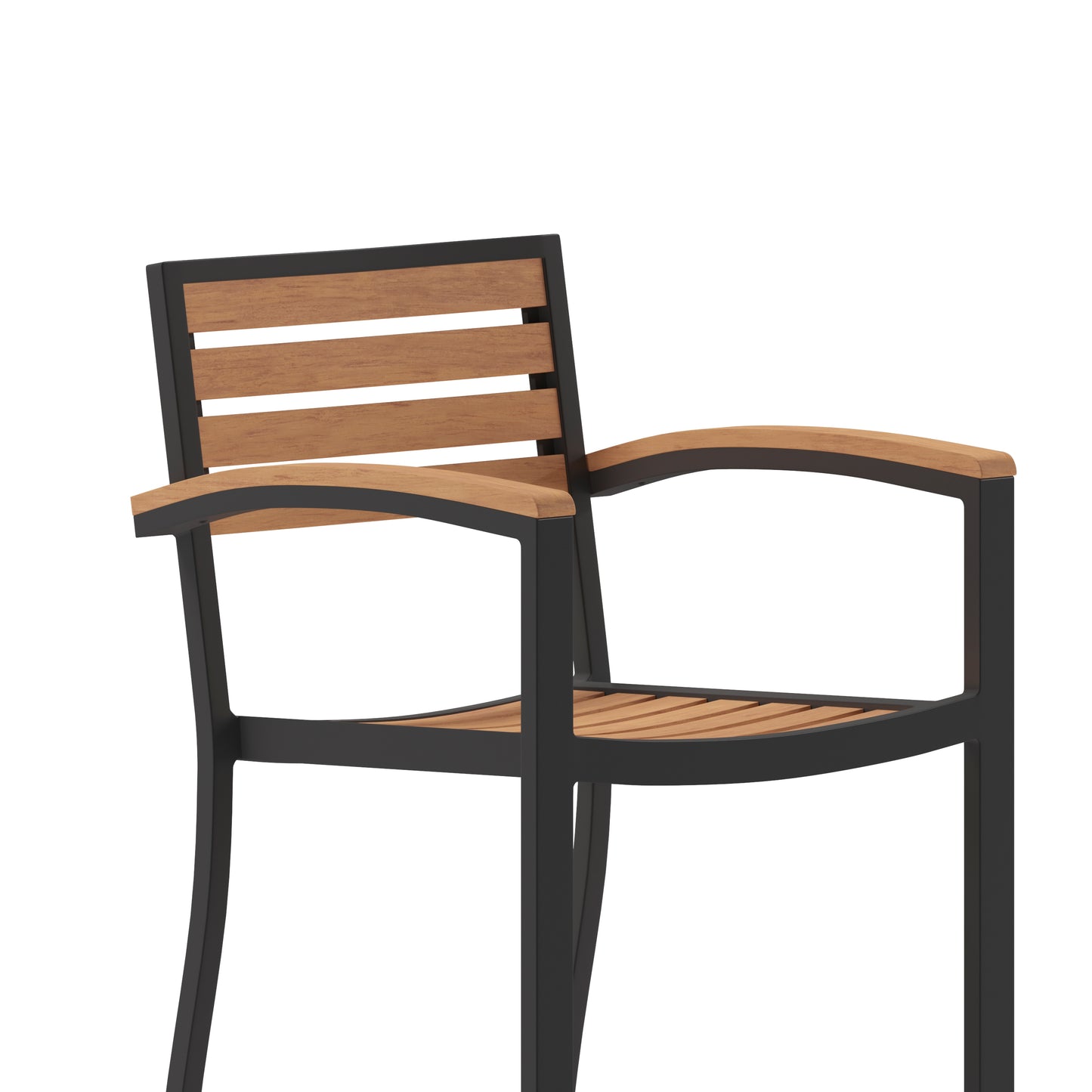 Lark Commercial Grade Bar Height Stool with Arms, All-Weather Outdoor Bar Stool with Faux Wood Poly Resin Slats and Aluminum Frame, Teak Teak