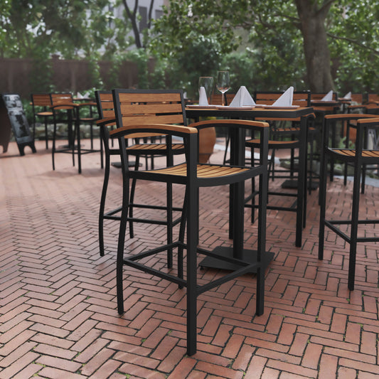 Lark Commercial Grade Bar Height Stool with Arms, All-Weather Outdoor Bar Stool with Faux Wood Poly Resin Slats and Aluminum Frame, Teak Teak