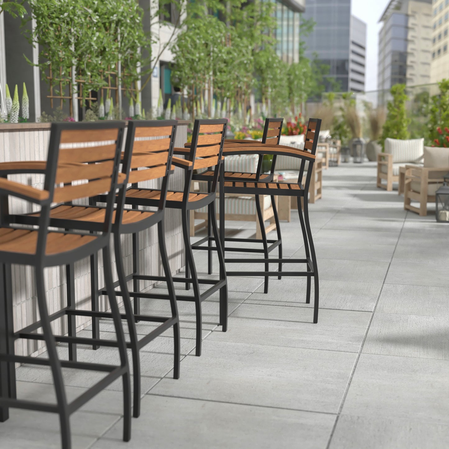 Lark Commercial Grade Bar Height Stool with Arms, All-Weather Outdoor Bar Stool with Faux Wood Poly Resin Slats and Aluminum Frame, Teak Teak