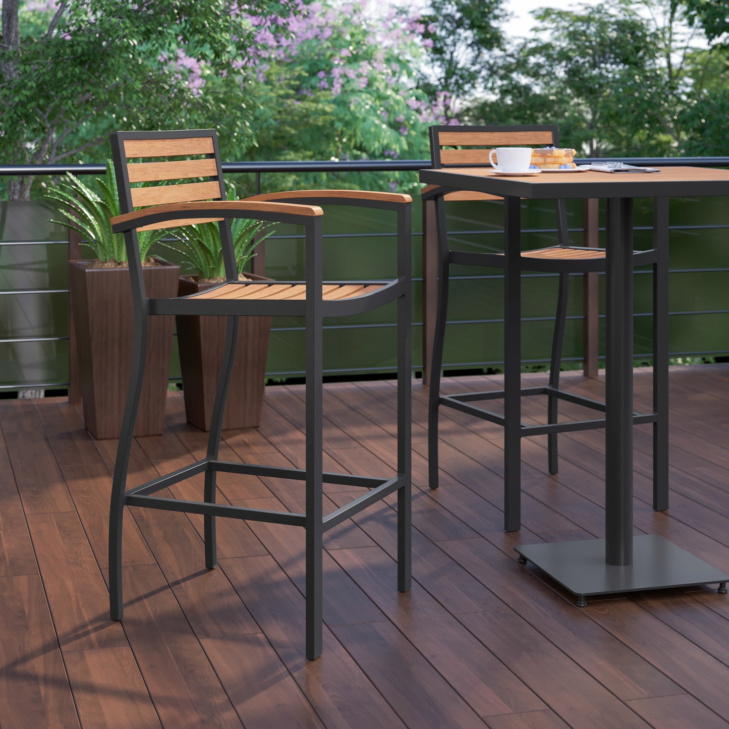 Lark Commercial Grade Bar Height Stool with Arms, All-Weather Outdoor Bar Stool with Faux Wood Poly Resin Slats and Aluminum Frame, Teak Teak