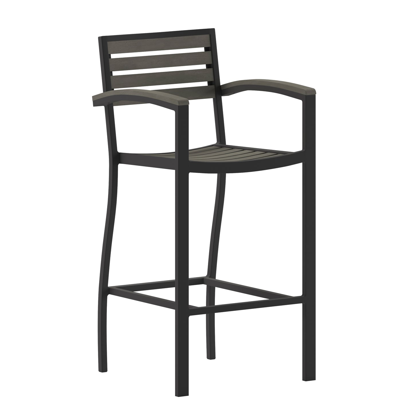 Lark Commercial Grade Bar Height Stool with Arms, All-Weather Outdoor Bar Stool with Faux Wood Poly Resin Slats and Aluminum Frame, Gray Wash Gray Wash