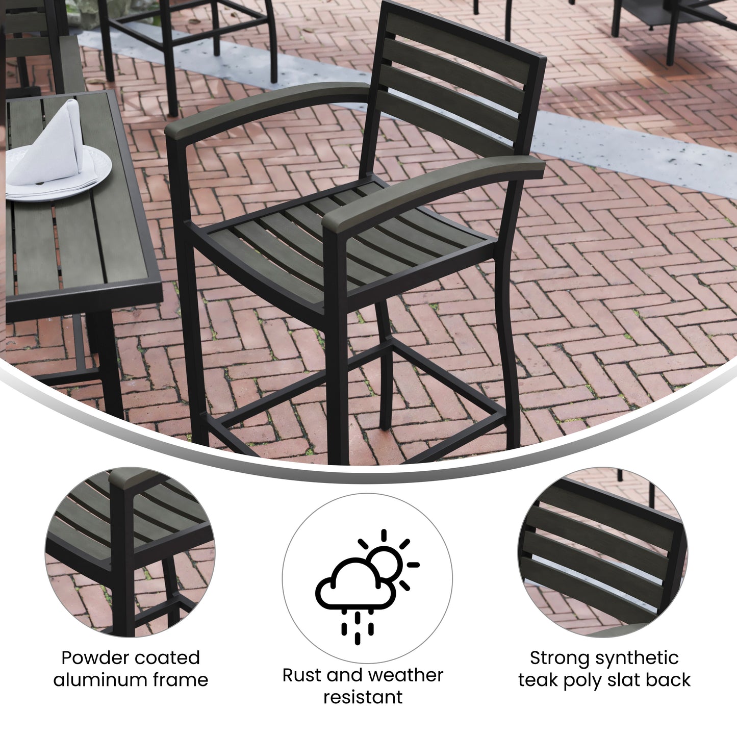 Lark Commercial Grade Bar Height Stool with Arms, All-Weather Outdoor Bar Stool with Faux Wood Poly Resin Slats and Aluminum Frame, Gray Wash Gray Wash
