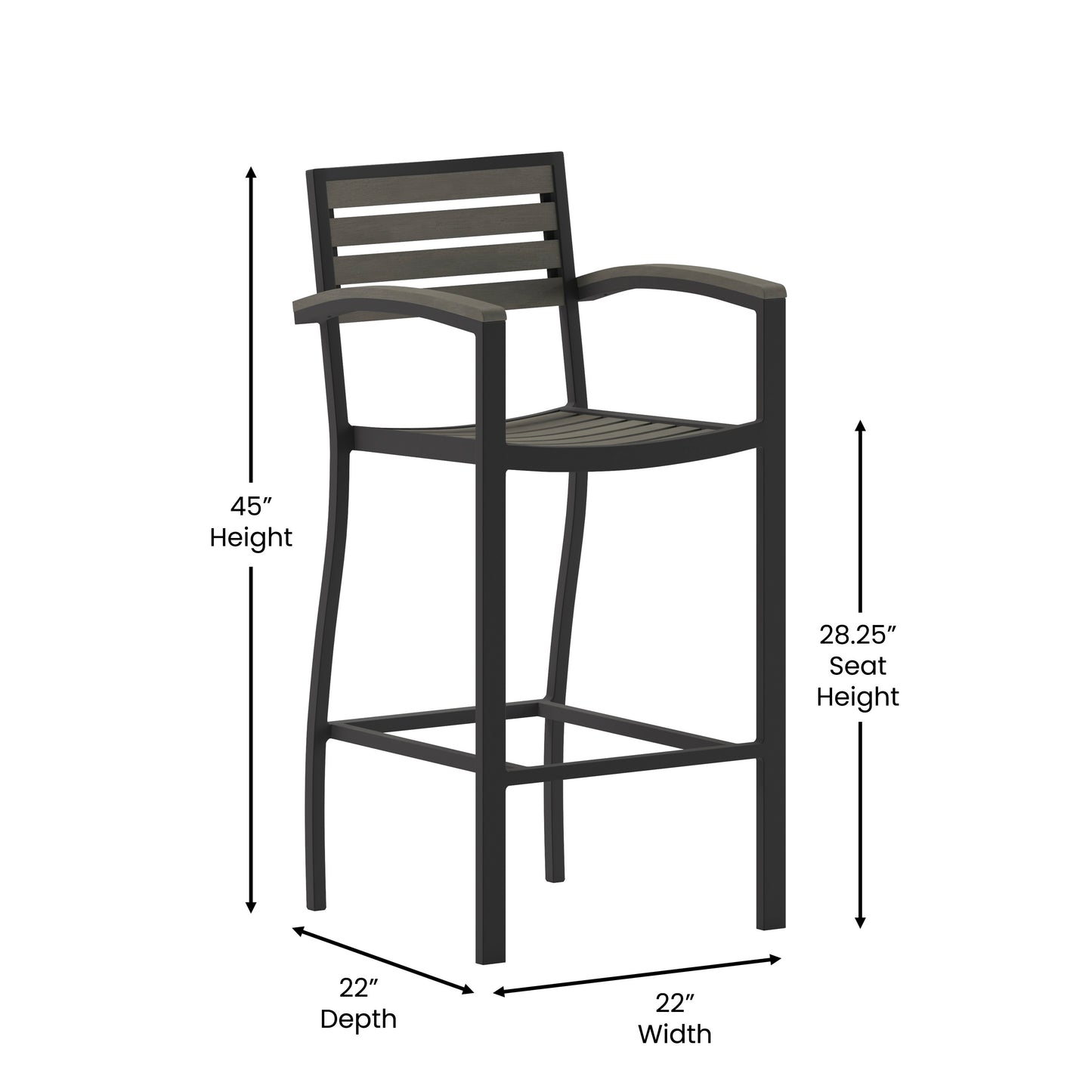 Lark Commercial Grade Bar Height Stool with Arms, All-Weather Outdoor Bar Stool with Faux Wood Poly Resin Slats and Aluminum Frame, Gray Wash Gray Wash