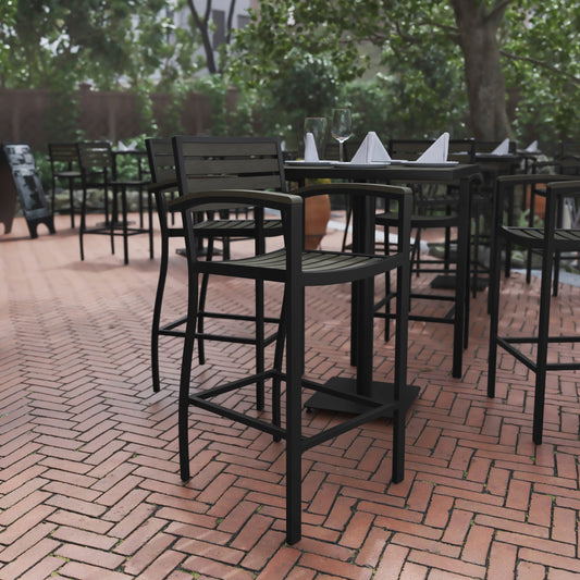 Lark Commercial Grade Bar Height Stool with Arms, All-Weather Outdoor Bar Stool with Faux Wood Poly Resin Slats and Aluminum Frame, Gray Wash Gray Wash