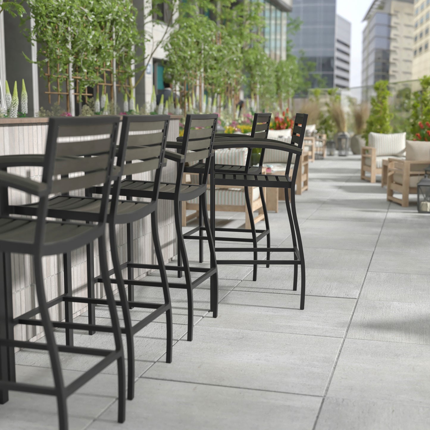 Lark Commercial Grade Bar Height Stool with Arms, All-Weather Outdoor Bar Stool with Faux Wood Poly Resin Slats and Aluminum Frame, Gray Wash Gray Wash