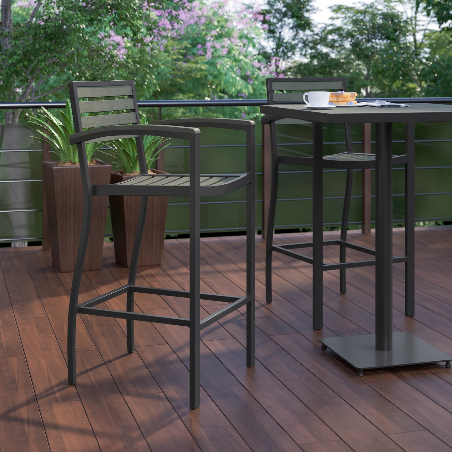Lark Commercial Grade Bar Height Stool with Arms, All-Weather Outdoor Bar Stool with Faux Wood Poly Resin Slats and Aluminum Frame, Gray Wash Gray Wash