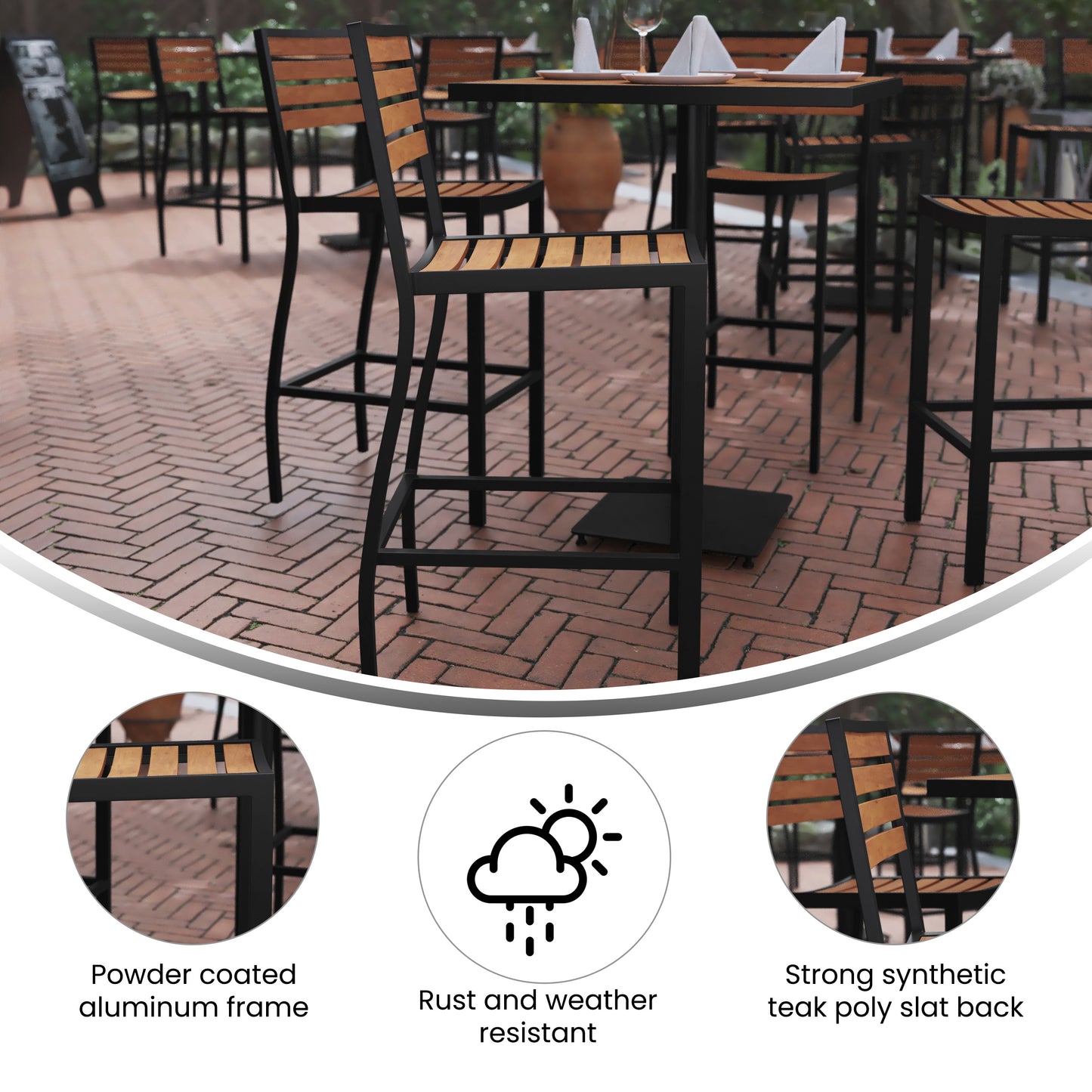 Lark Commercial Grade Bar Height Stool, All-Weather Outdoor Bar Stool with Faux Wood Poly Resin Slats and Aluminum Frame, Teak Teak
