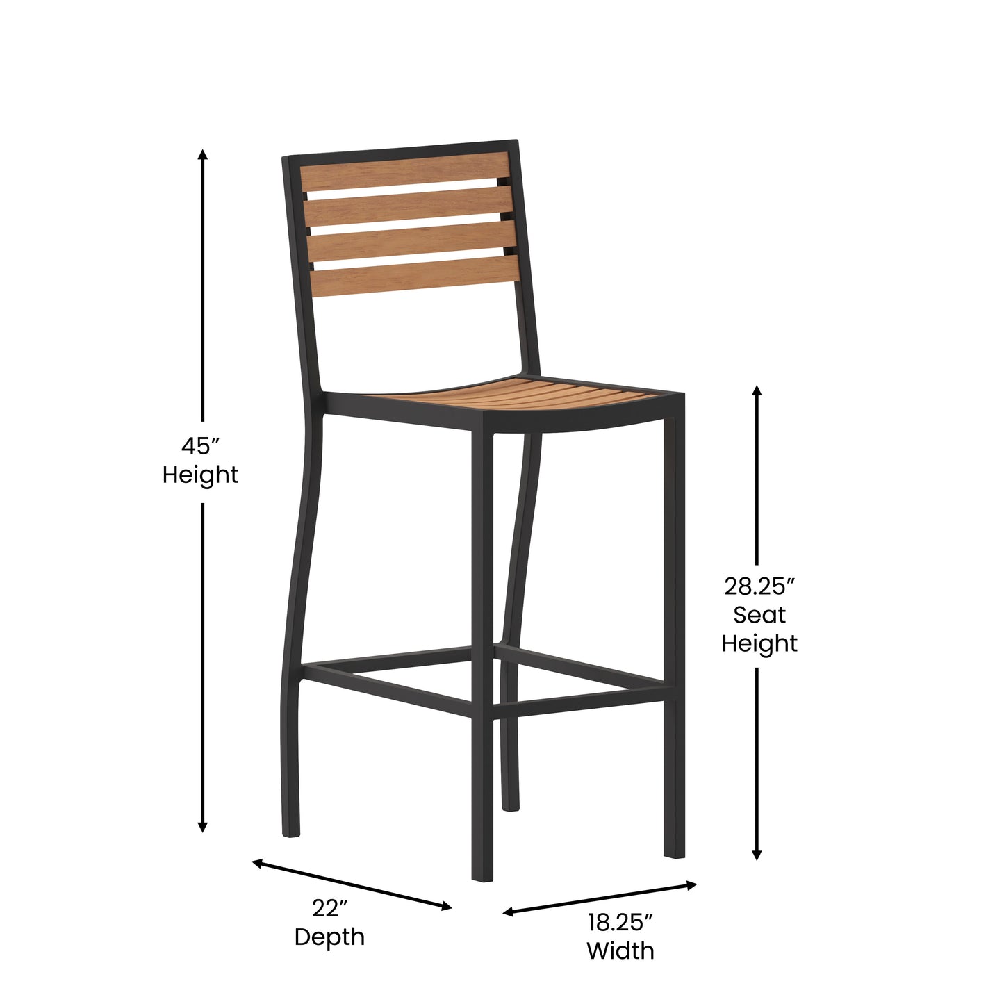 Lark Commercial Grade Bar Height Stool, All-Weather Outdoor Bar Stool with Faux Wood Poly Resin Slats and Aluminum Frame, Teak Teak