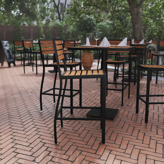 Lark Commercial Grade Bar Height Stool, All-Weather Outdoor Bar Stool with Faux Wood Poly Resin Slats and Aluminum Frame, Teak Teak