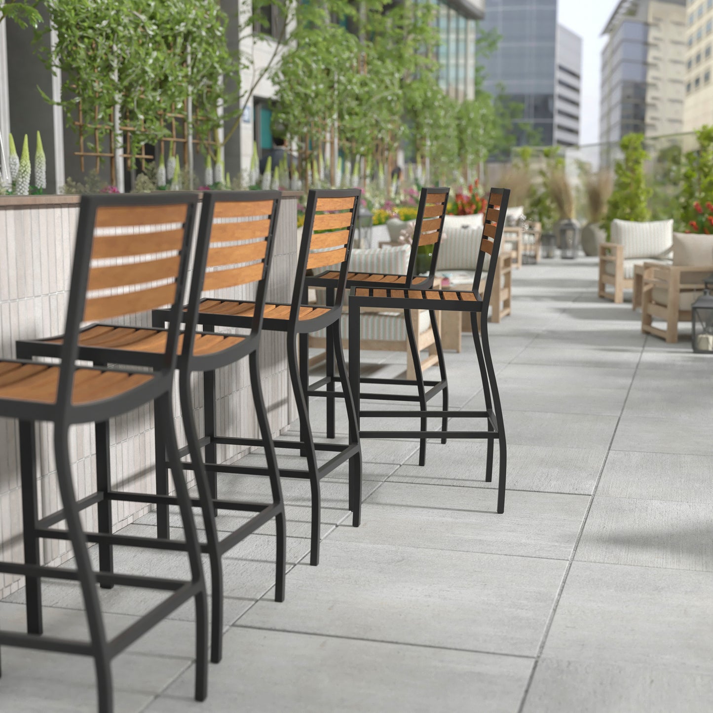 Lark Commercial Grade Bar Height Stool, All-Weather Outdoor Bar Stool with Faux Wood Poly Resin Slats and Aluminum Frame, Teak Teak