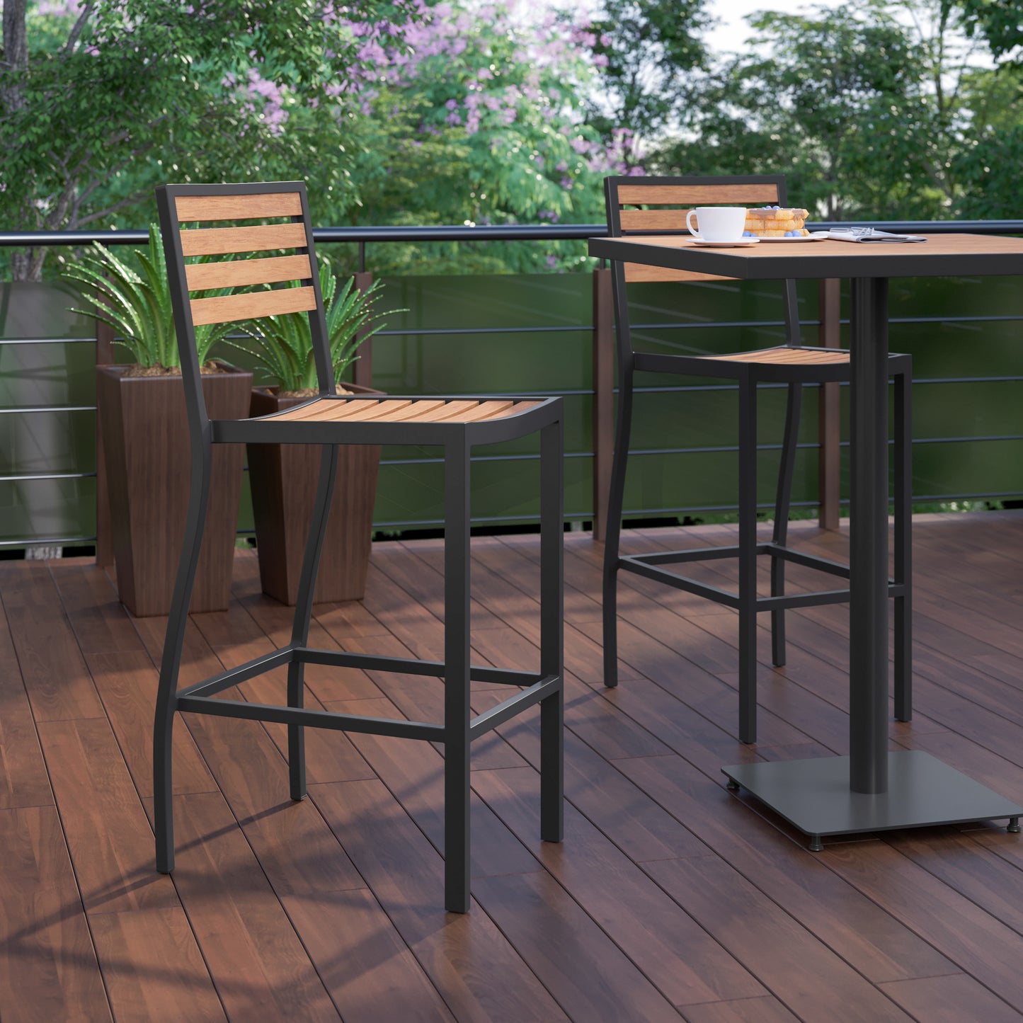 Lark Commercial Grade Bar Height Stool, All-Weather Outdoor Bar Stool with Faux Wood Poly Resin Slats and Aluminum Frame, Teak Teak