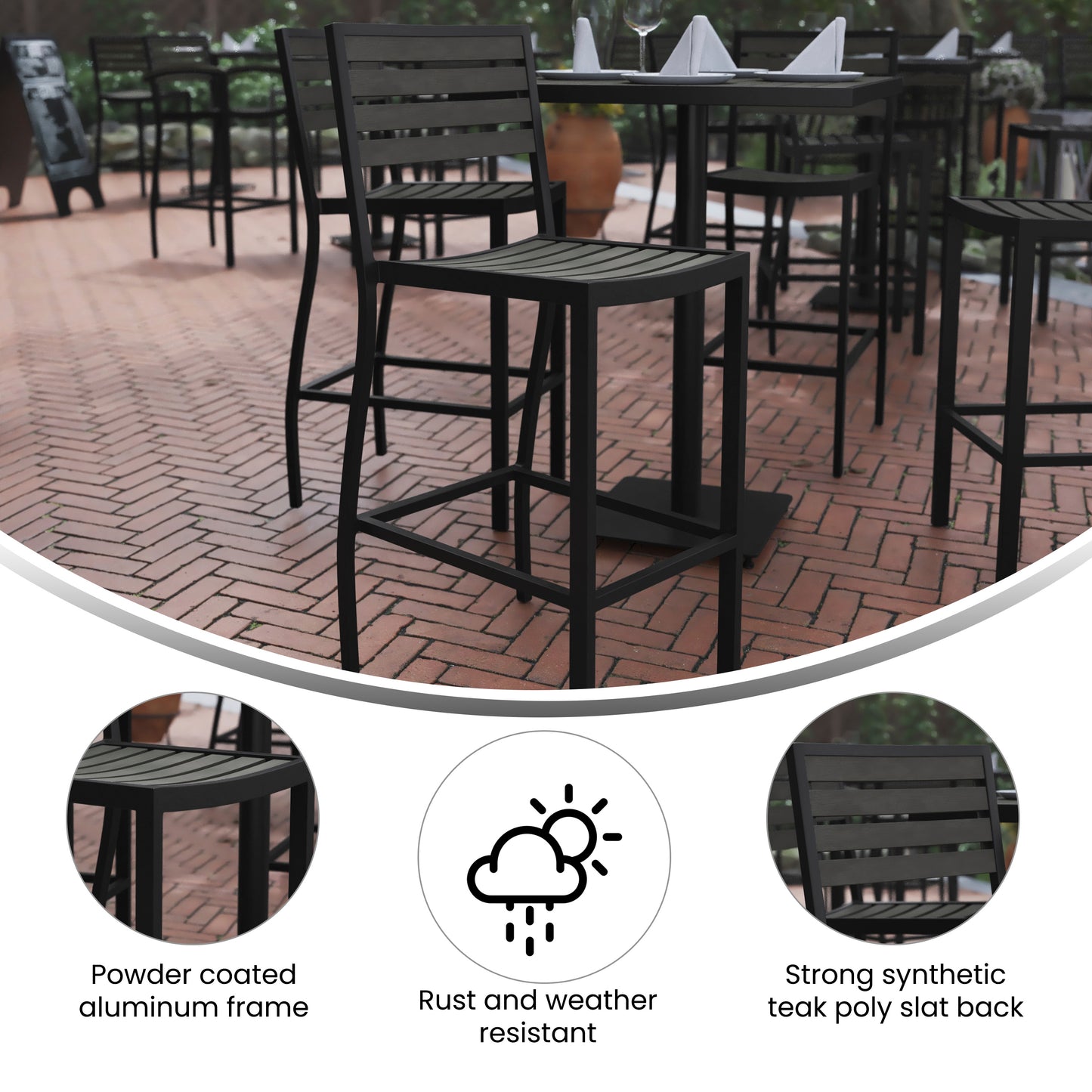Lark Commercial Grade Bar Height Stool, All-Weather Outdoor Bar Stool with Faux Wood Poly Resin Slats and Aluminum Frame, Gray Wash Gray Wash
