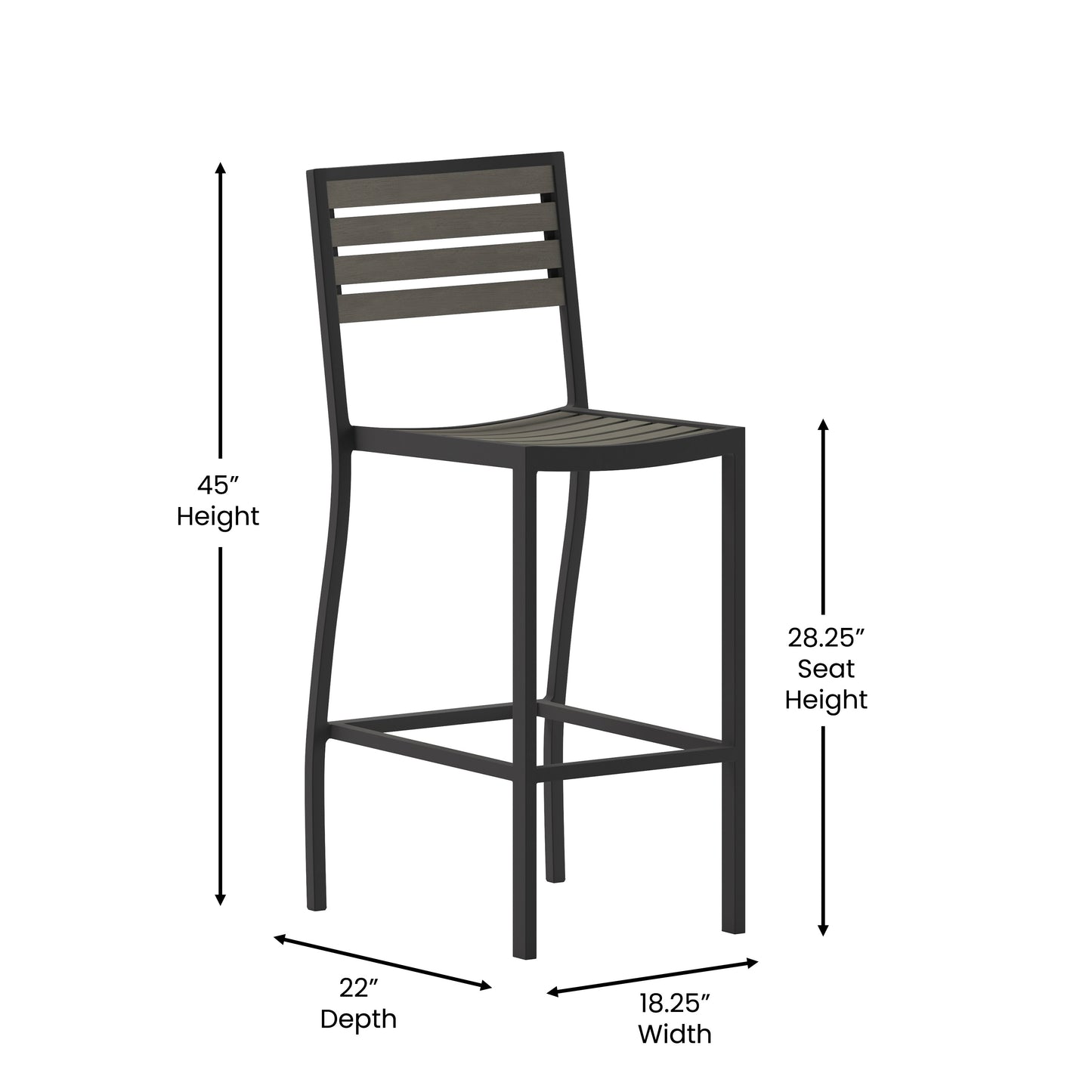 Lark Commercial Grade Bar Height Stool, All-Weather Outdoor Bar Stool with Faux Wood Poly Resin Slats and Aluminum Frame, Gray Wash Gray Wash