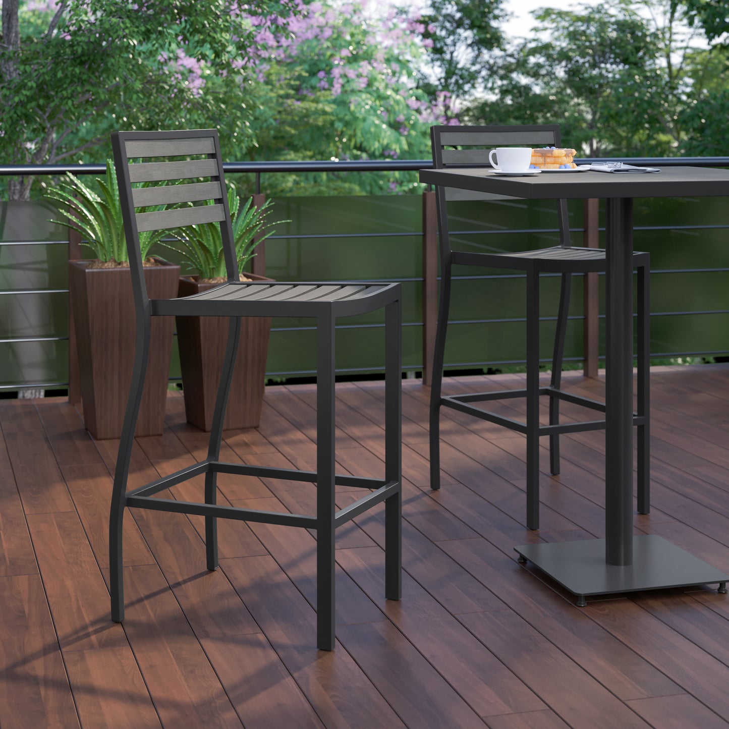 Lark Commercial Grade Bar Height Stool, All-Weather Outdoor Bar Stool with Faux Wood Poly Resin Slats and Aluminum Frame, Gray Wash Gray Wash