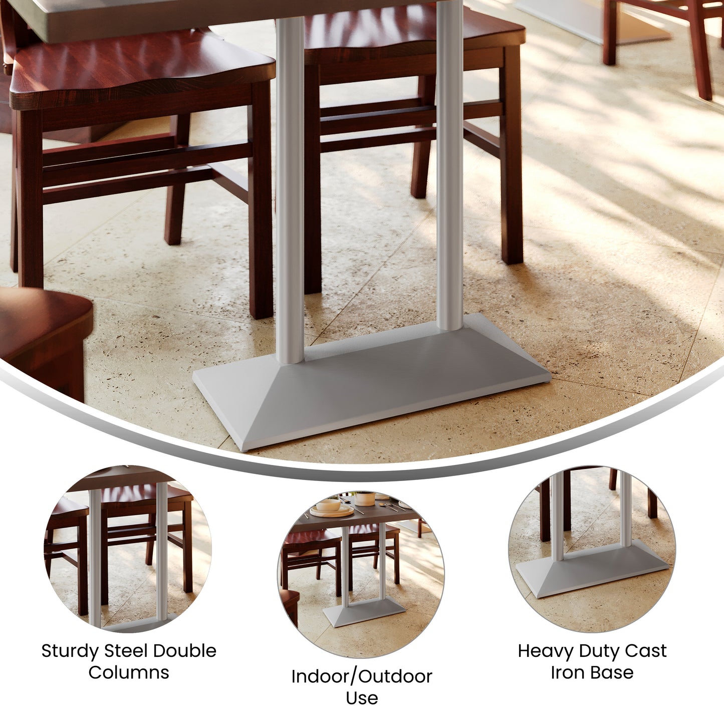 Palis 27"W x 15"D Indoor/Outdoor Dining Height Double Column Table Base for 30" x 48" Table Tops, Silver Silver
