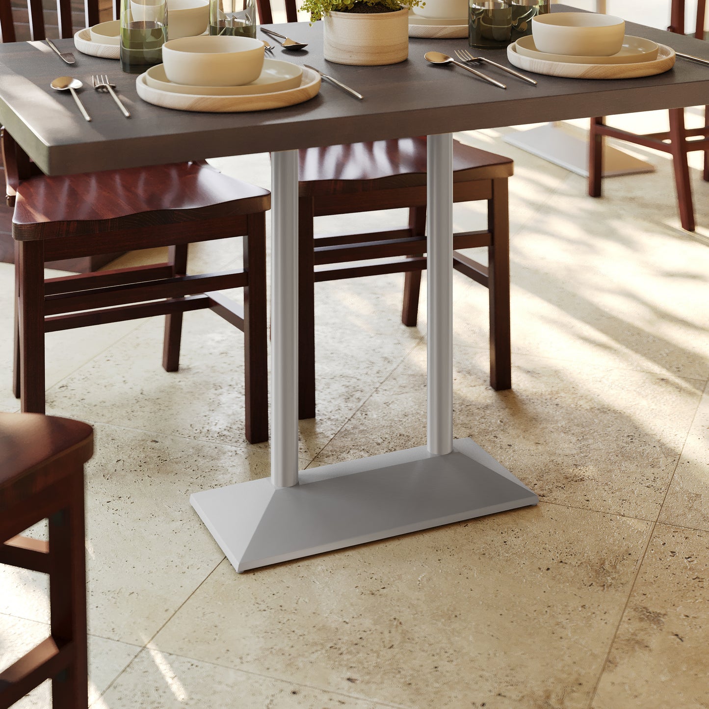 Palis 27"W x 15"D Indoor/Outdoor Dining Height Double Column Table Base for 30" x 48" Table Tops, Silver Silver