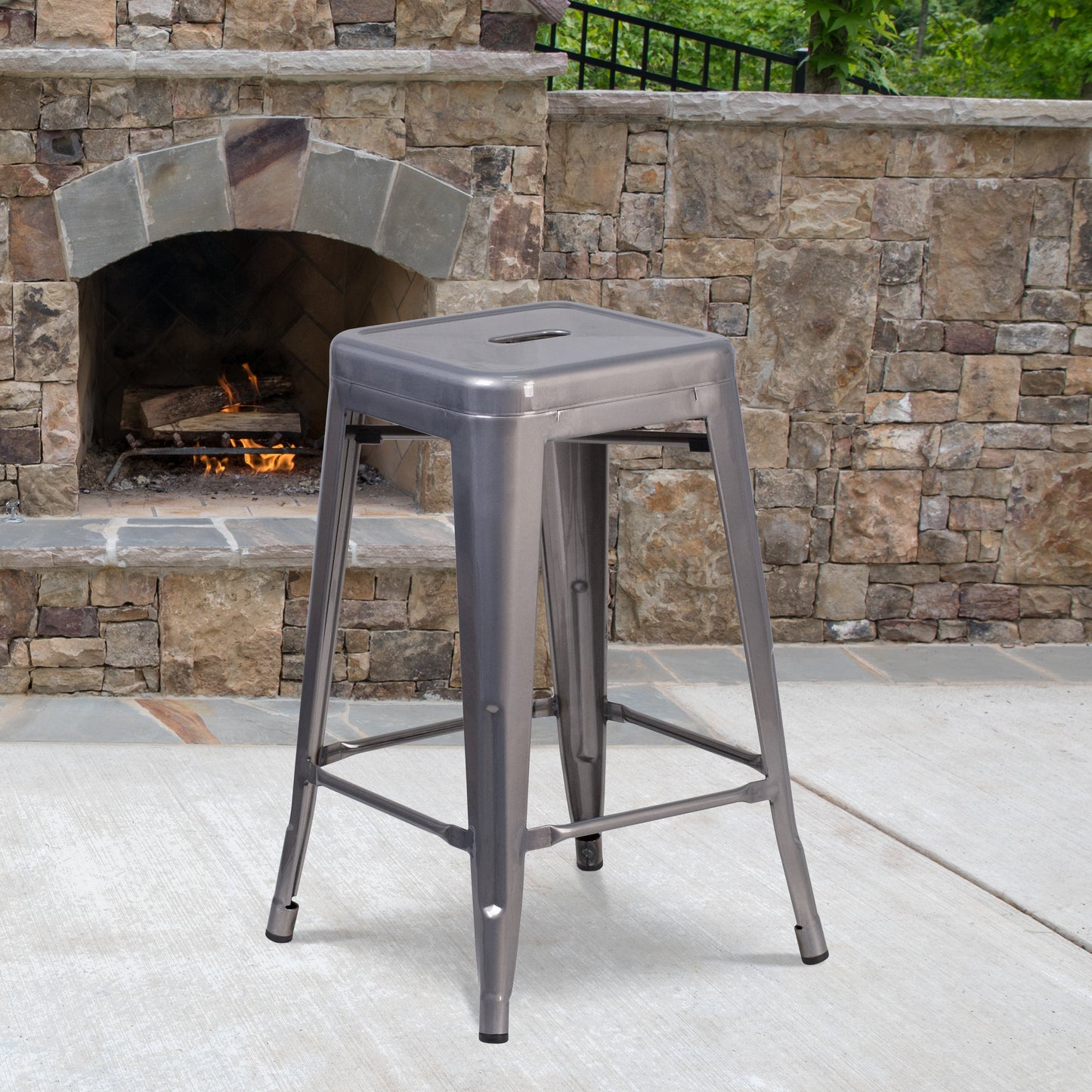 Lincoln 24'' High Backless Silver Antique Finish with Clear Coat Metal Indoor Counter Height Stool with Square Seat Clear Coated XU-DG-TP0004-24-GG
