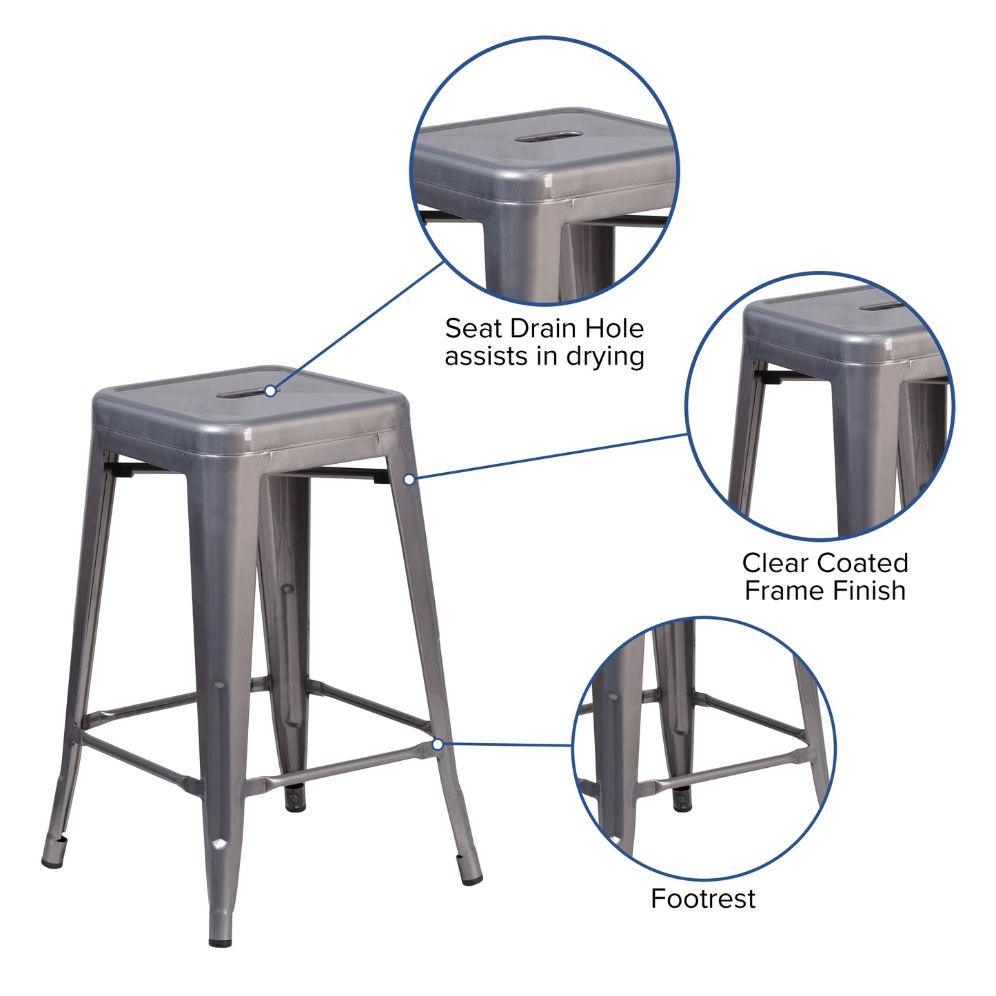 Lincoln 24'' High Backless Silver Antique Finish with Clear Coat Metal Indoor Counter Height Stool with Square Seat Clear Coated XU-DG-TP0004-24-GG