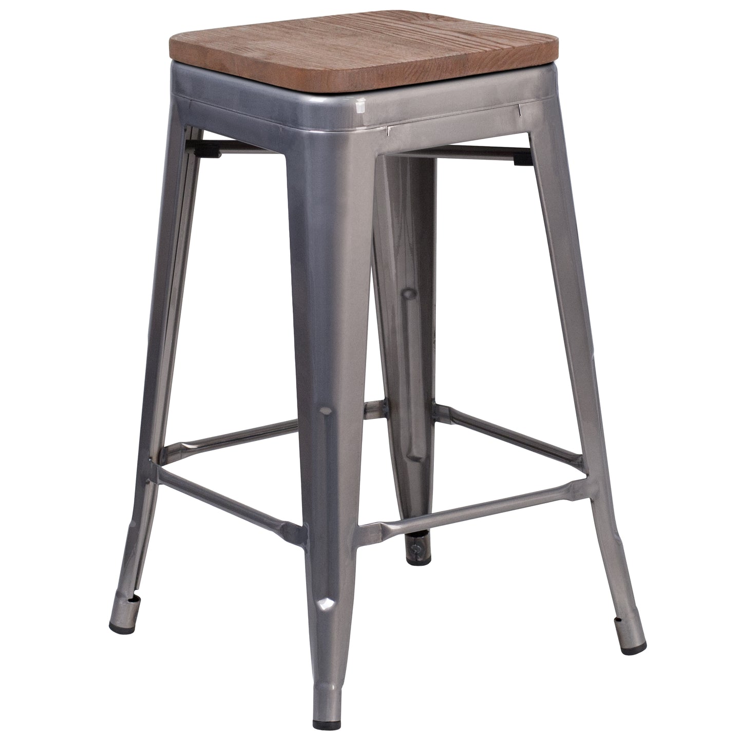 Lincoln 24" High Backless Silver Antique Finish with Clear Coat Metal Counter Height Stool with Square Wood Seat Clear Coated XU-DG-TP0004-24-WD-GG